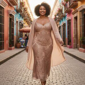 Belissima Women's Special Occasion Midi 2 Pc Tan Dress (Size 16)